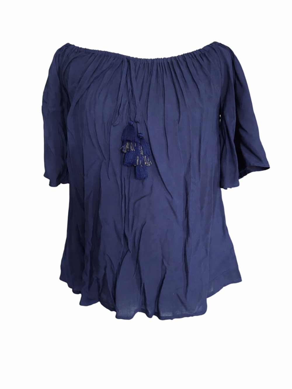 Lilly Pulitzer Sain Off-Shoulder Blouse Short Bell Sleeve Tassel True Navy
